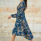 Yumi Blue Butterly Floral Tie Knot Front Long Sleeve Midi Dress