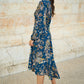 Yumi Blue Butterly Floral Tie Knot Front Long Sleeve Midi Dress