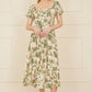 Yumi White Cotton Palm Print Ruched Midi Dress