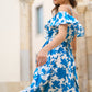 Yumi Blue Floral Print Bardot Midi Dress With Dip Hem