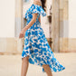 Yumi Blue Floral Print Bardot Midi Dress With Dip Hem