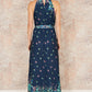 Yumi Navy Mirror Floral Print Maxi Halter neck Dress