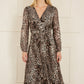 Yumi Brown Leopard Print Pleated Long Sleeve Wrap Midi Dress