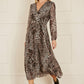 Yumi Brown Leopard Print Pleated Long Sleeve Wrap Midi Dress