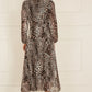Yumi Brown Leopard Print Pleated Long Sleeve Wrap Midi Dress