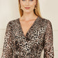 Yumi Brown Leopard Print Pleated Long Sleeve Wrap Midi Dress