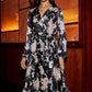Yumi Black Floral Satin Pleated Midi Dress