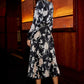 Yumi Black Floral Satin Pleated Midi Dress