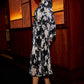 Yumi Black Floral Satin Pleated Midi Dress