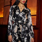 Yumi Black Floral Satin Pleated Midi Dress