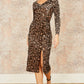 Yumi Brown Velvet Leopard Print Fitted Midi Dress