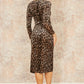 Yumi Brown Velvet Leopard Print Fitted Midi Dress
