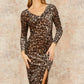 Yumi Brown Velvet Leopard Print Fitted Midi Dress