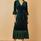 Yumi Green Velvet Wrap Midi Dress With Contrast Hemline