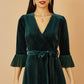 Yumi Green Velvet Wrap Midi Dress With Contrast Hemline