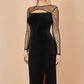 Yumi Black Velvet Midi Dress With Slash Neckline and Sheer Sleeves