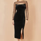 Yumi Black Velvet Midi Dress With Slash Neckline and Sheer Sleeves