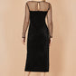 Yumi Black Velvet Midi Dress With Slash Neckline and Sheer Sleeves