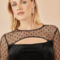 Yumi Black Velvet Midi Dress With Slash Neckline and Sheer Sleeves