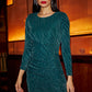 Yumi Green Mesh Fitted Ruched Midi Dress With Long Sleeves