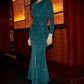 Yumi Green Mesh Fitted Ruched Midi Dress With Long Sleeves