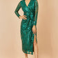 Yumi Green Sequin Midi Wrap Dress With Split Hemline And Long Sleeves