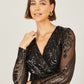 Yumi Black Sequin Midi Wrap Dress With Split Hemline And Long Sleeves