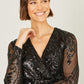 Yumi Black Sequin Midi Wrap Dress With Split Hemline And Long Sleeves