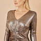 Yumi Gold Metallic Stretch Ruched Maxi Dress With Long Sleeves And Split Hemline