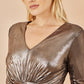 Yumi Gold Metallic Stretch Ruched Maxi Dress With Long Sleeves And Split Hemline