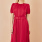 Yumi Red Satin Striped Midi Dress With Pleats and Matching Belt