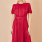 Yumi Red Satin Striped Midi Dress With Pleats and Matching Belt