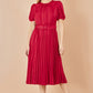 Yumi Red Satin Striped Midi Dress With Pleats and Matching Belt