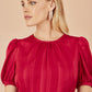 Yumi Red Satin Striped Midi Dress With Pleats and Matching Belt