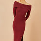 Yumi Burgundy Bardot Knitted Fitted Midi Dress