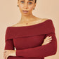 Yumi Burgundy Bardot Knitted Fitted Midi Dress