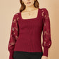 Yumi Burgundy Ribbed Knitted Top With Lace Sleeves