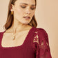 Yumi Burgundy Ribbed Knitted Top With Lace Sleeves