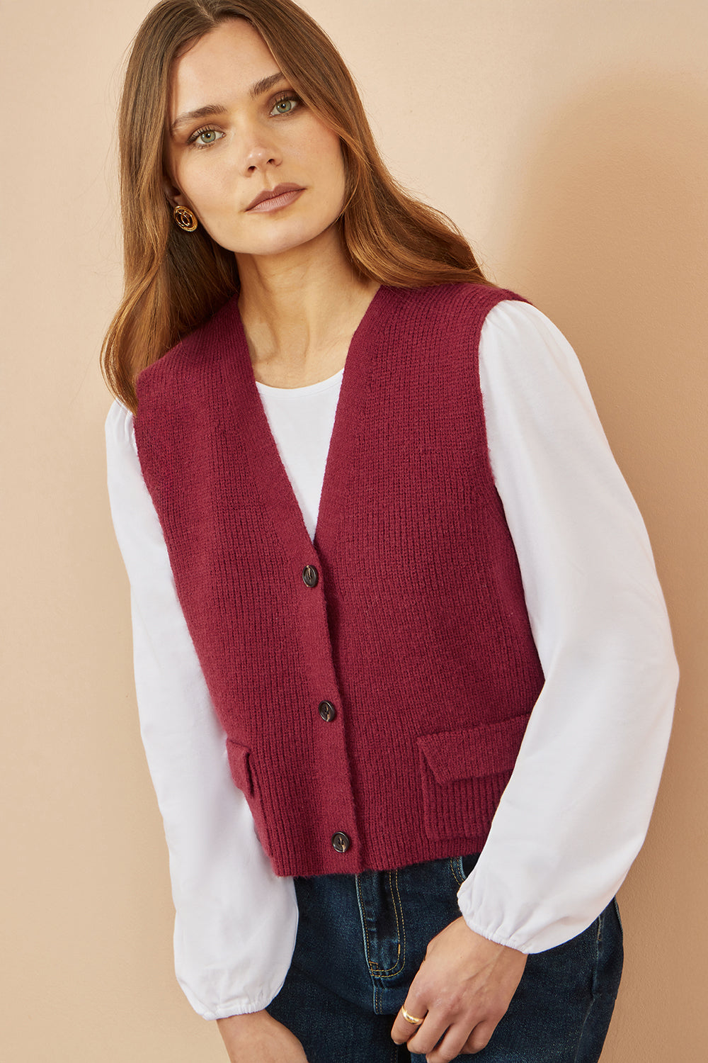 Yumi Burgundy Knitted Pullover Waistcoat
