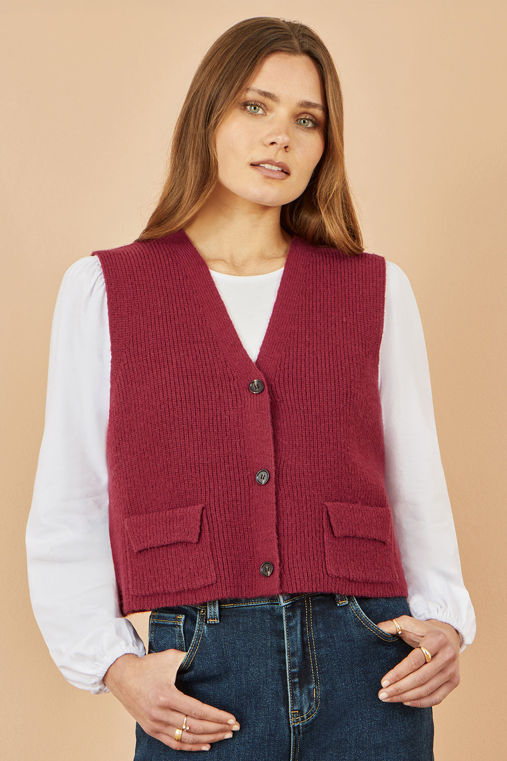 Yumi Burgundy Knitted Pullover Waistcoat