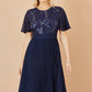 Yumi Navy Sequin Embellished Panel Pleated Midi Dress