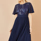 Yumi Navy Sequin Embellished Panel Pleated Midi Dress