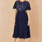 Yumi Navy Sequin Embellished Panel Pleated Midi Dress