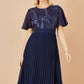 Yumi Navy Sequin Embellished Panel Pleated Midi Dress