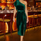 Yumi Green Velvet Frill One Shoulder Midi Dress With Split Hem