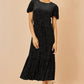 Yumi Black Floral Velour Velvet Twist Waist Midi Dress