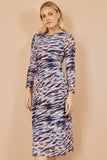 Yumi Multicolour Abstract Stripe Ruched Bodycon Midi Dress