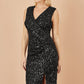 Yumi Black Sequin Fitted Wrap Dress With Split Hem