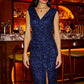 Yumi Navy Sequin Fitted Wrap Dress With Split Hem