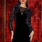 Yumi Black Fitted Velvet Dress With Sheer Floral Sleeves
